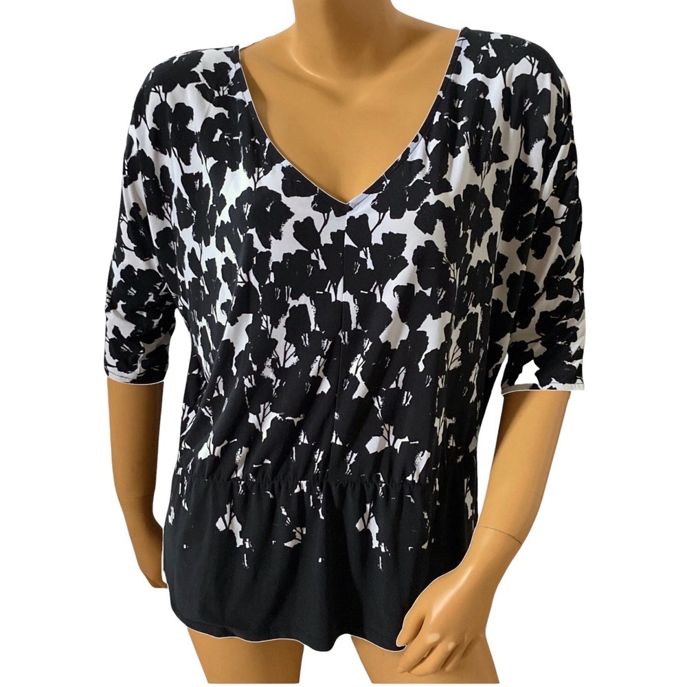 WHBM Sz XS V-Neck Dolman Sleeve Cold Shoulder Top Blouse Abstract B/W Floral